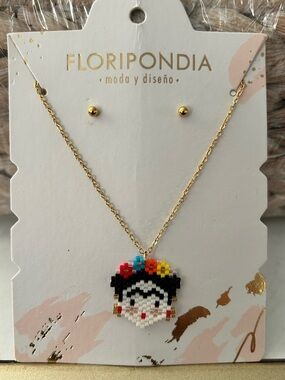Gold Necklace with Multicolor Beaded Frida Pendant Made in Colombia 🇨🇴